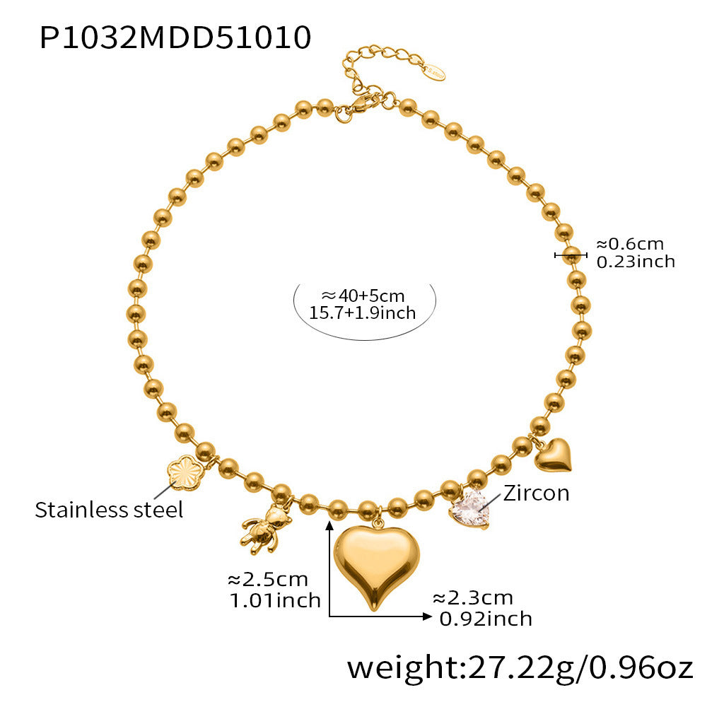 18K Gold-Plated Heart and Bear Charm Beaded Necklace