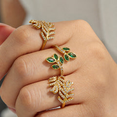 18K Gold-Plated Cubic Zirconia Leaf Ring Designs