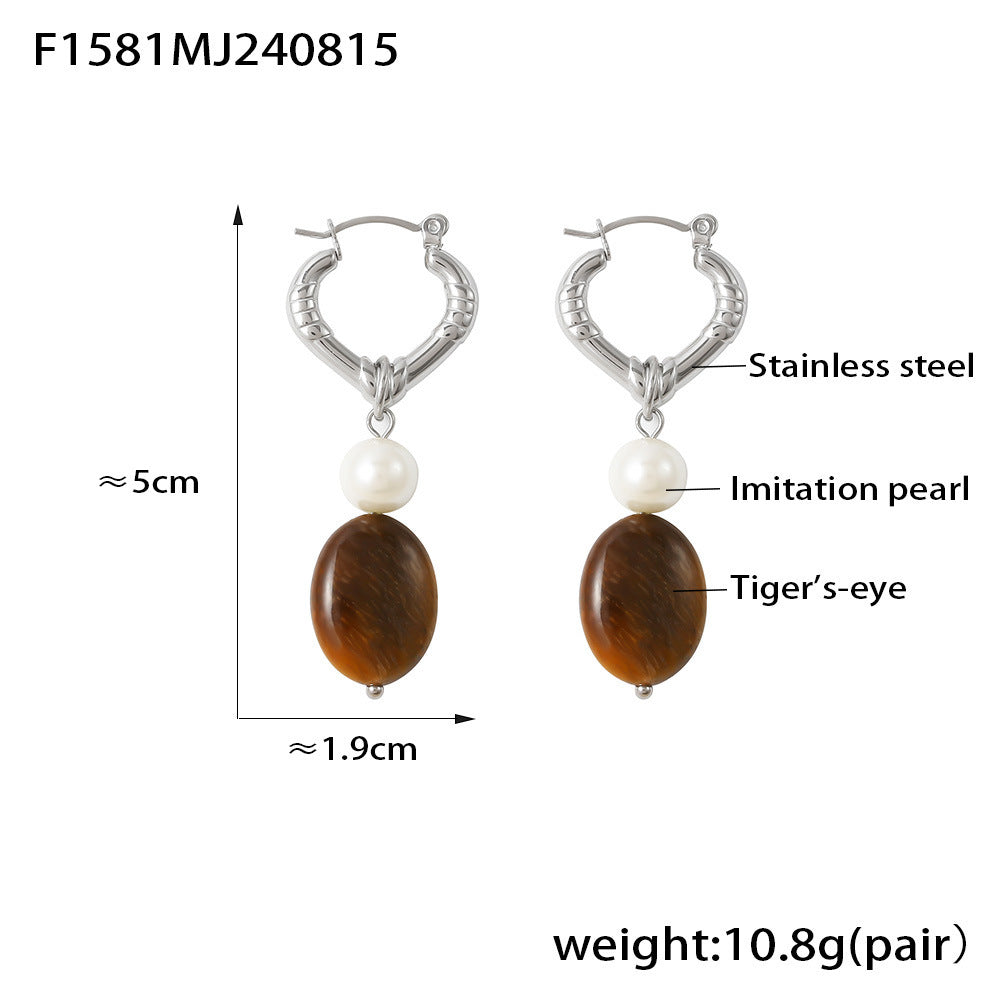 18K Gold-Plated Heart Hoop Tiger Eye Drop Earrings