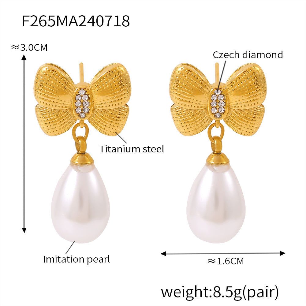 18K Gold-Plated Bow Pearl-Look Drop Earrings