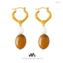 18K Gold-Plated Heart Hoop Tiger Eye Drop Earrings