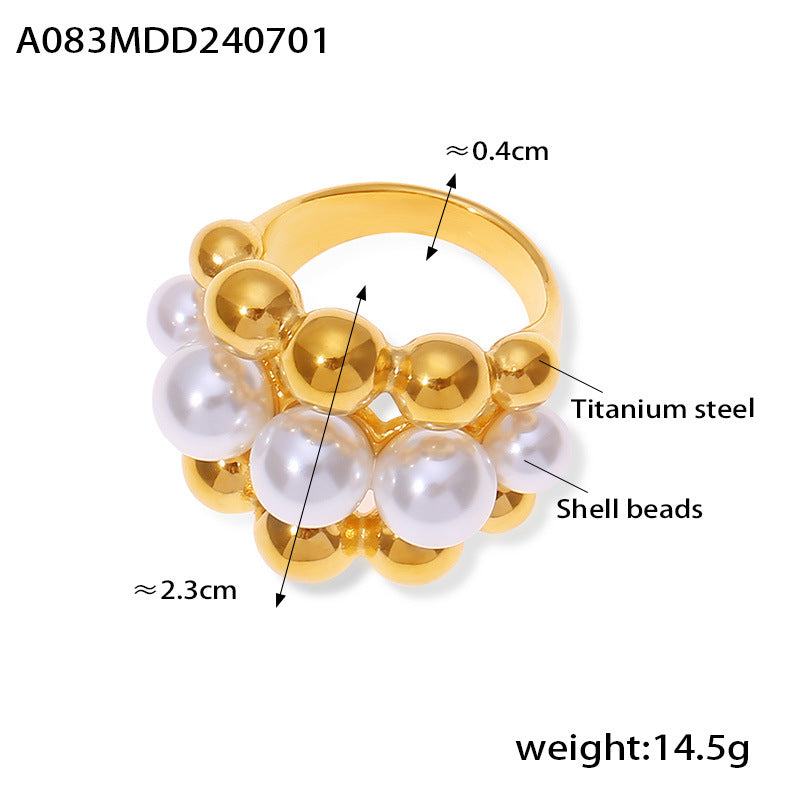 Gold-Tone Shell Pearl-Look Multi-Row Ring