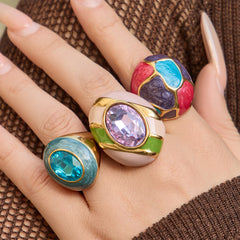 Color Enamel and Oval Glass Statement Rings