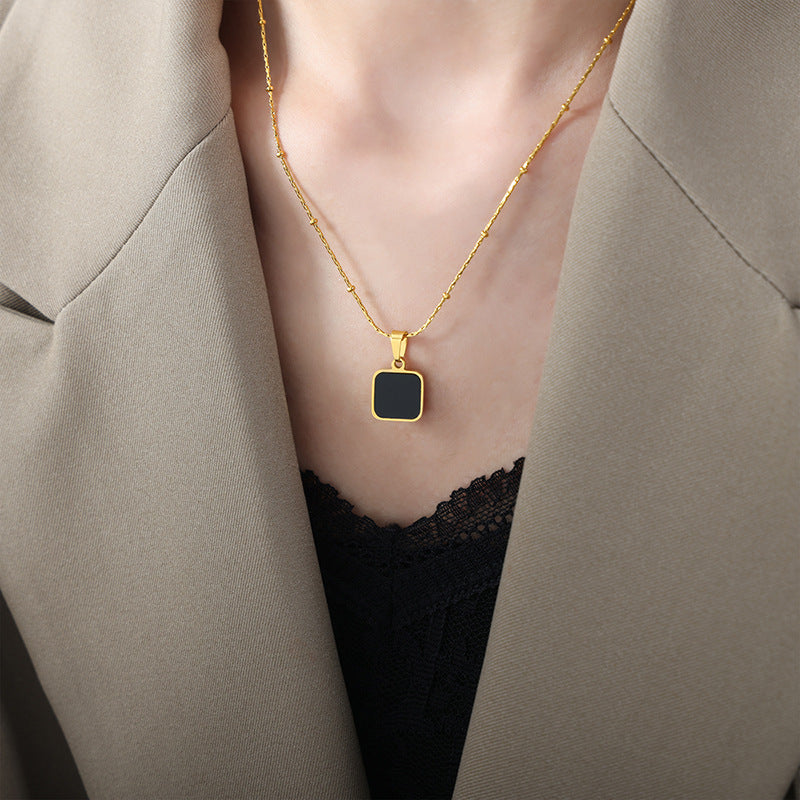 Black Square Pendant Fine Chain Necklace
