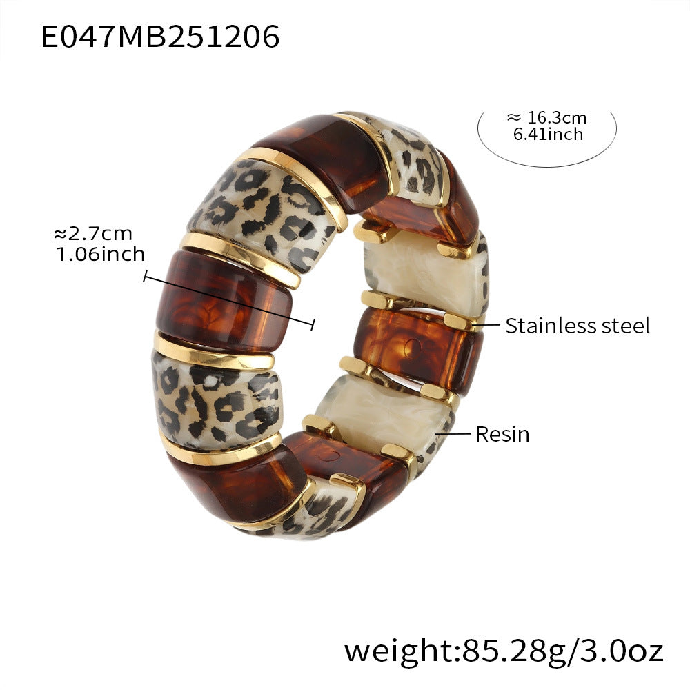18K Gold-Plated Leopard Pattern Resin Stretch Bangle