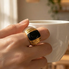 18K Gold-Plated Black Enamel Ribbed Ring
