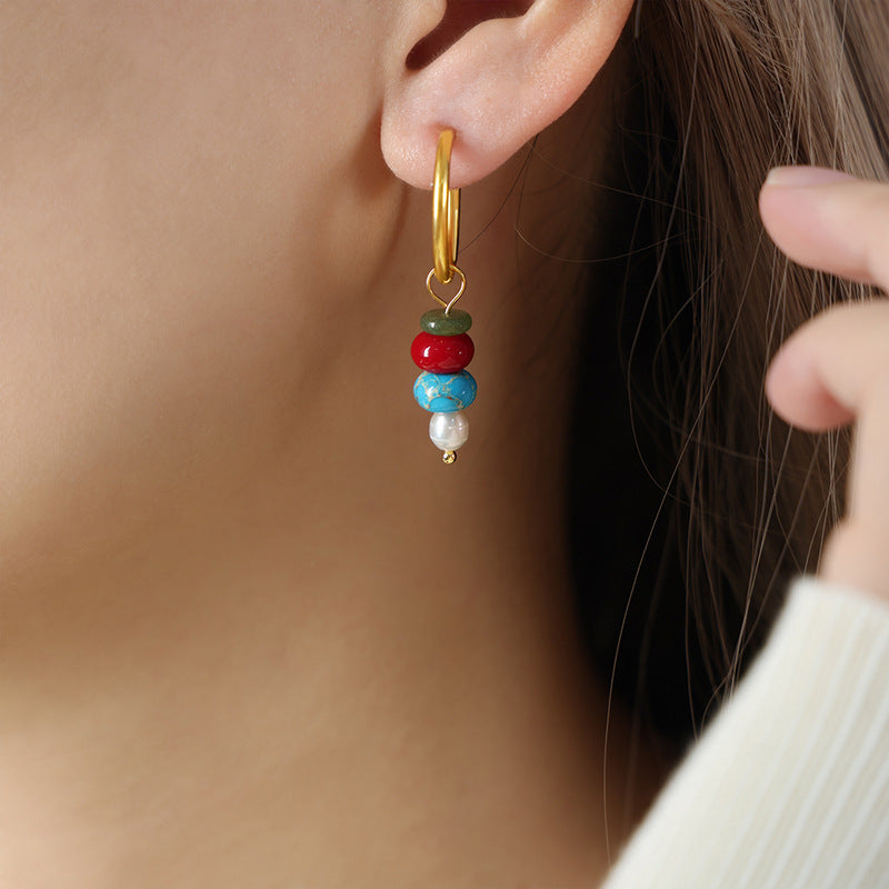 Natural Stone Bead Drop Hoop Earrings
