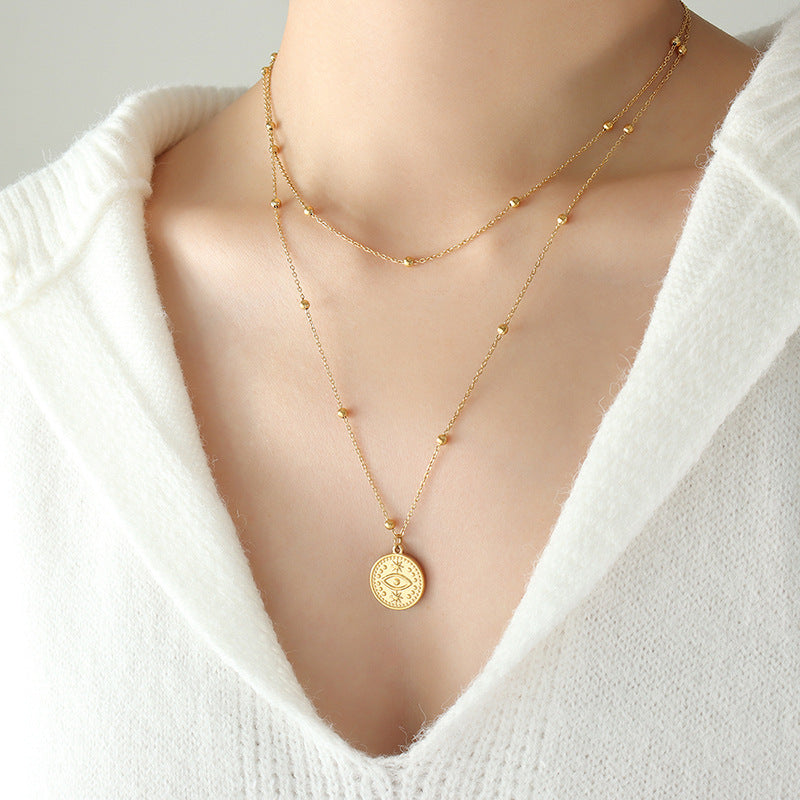 Layered Coin Pendant & Beaded Chain Necklace