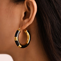 Black Enamel Patterned Hollow Hoop Earrings
