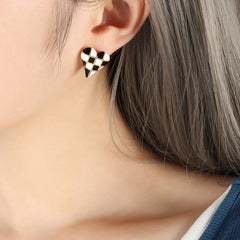 Checkerboard Enamel Heart or Round Stud Earrings