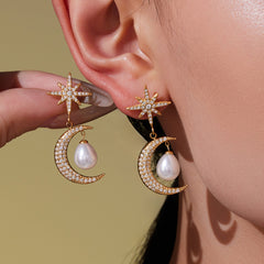 Cubic Zirconia Crescent Pearl-Look Necklace or Earrings