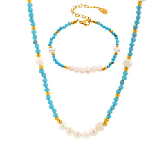 Turquoise & Freshwater Pearl Beaded Necklace & Bracelet