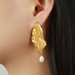 Textured Leaf Freshwater Pearl Drop Earrings