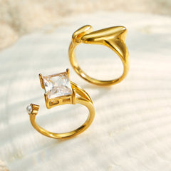 18K Gold-Plated Geometric & Glass-Stone Open Rings