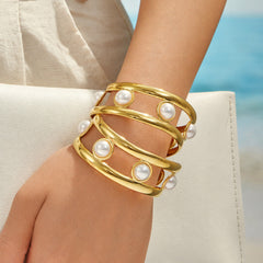 18K Gold-Plated Openwork Faux Pearl Cuff