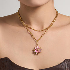 Layered Enamel Daisy Pendant Necklace
