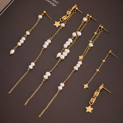 Freshwater Pearl & Star Chain Tassel Earrings
