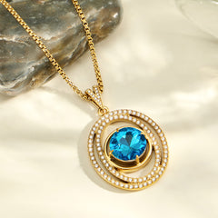 Blue Glass & Cubic Zirconia Oval Pendant Necklace