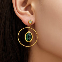 Oval Glass Stone Double-Hoop Drop Earrings