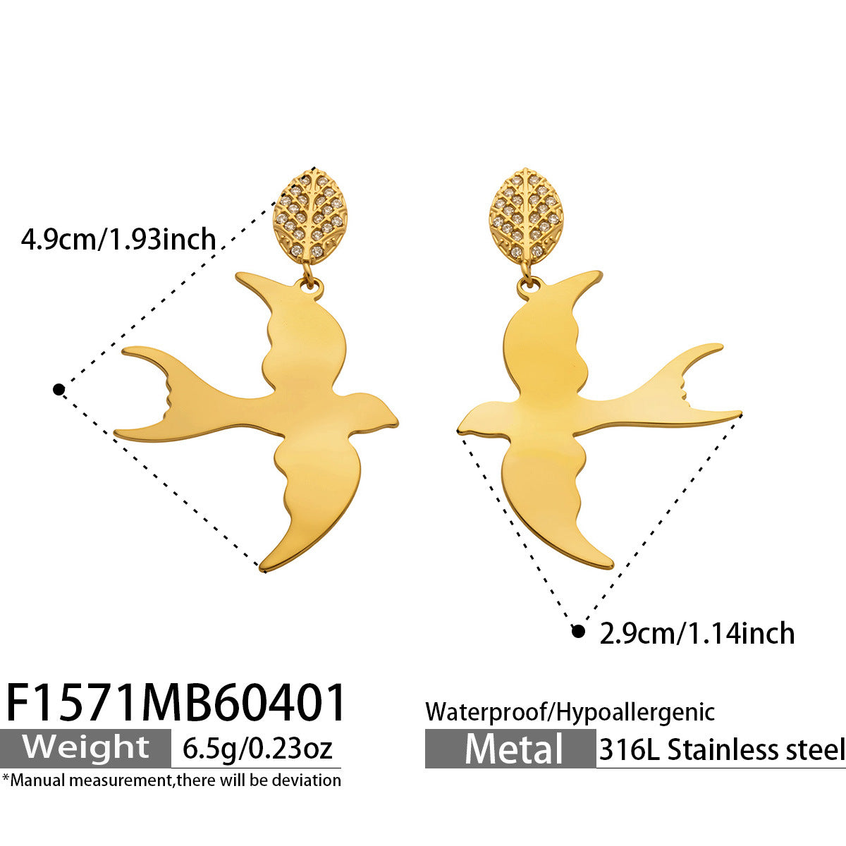 Swallow Bird Drop Stainless Steel Earrings