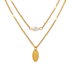 Freshwater Pearl & Oval Tag Layered Necklace
