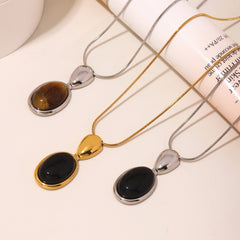 Long Oval Black Agate & Tiger Eye Pendant Necklace