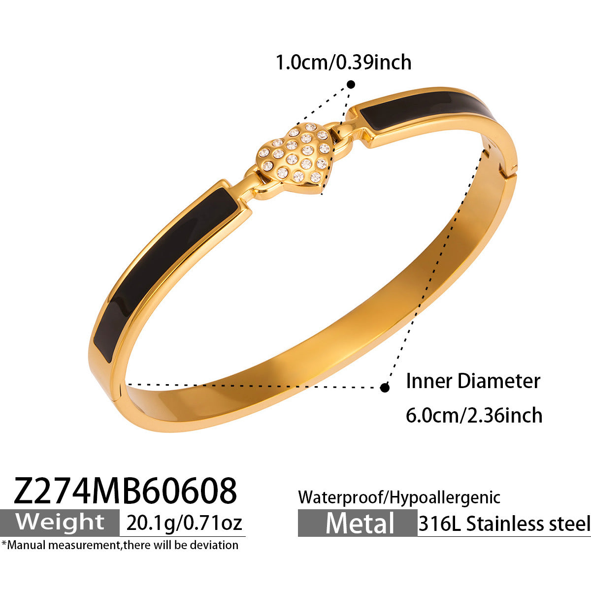 Heart Cubic Zirconia Black Enamel Bangle