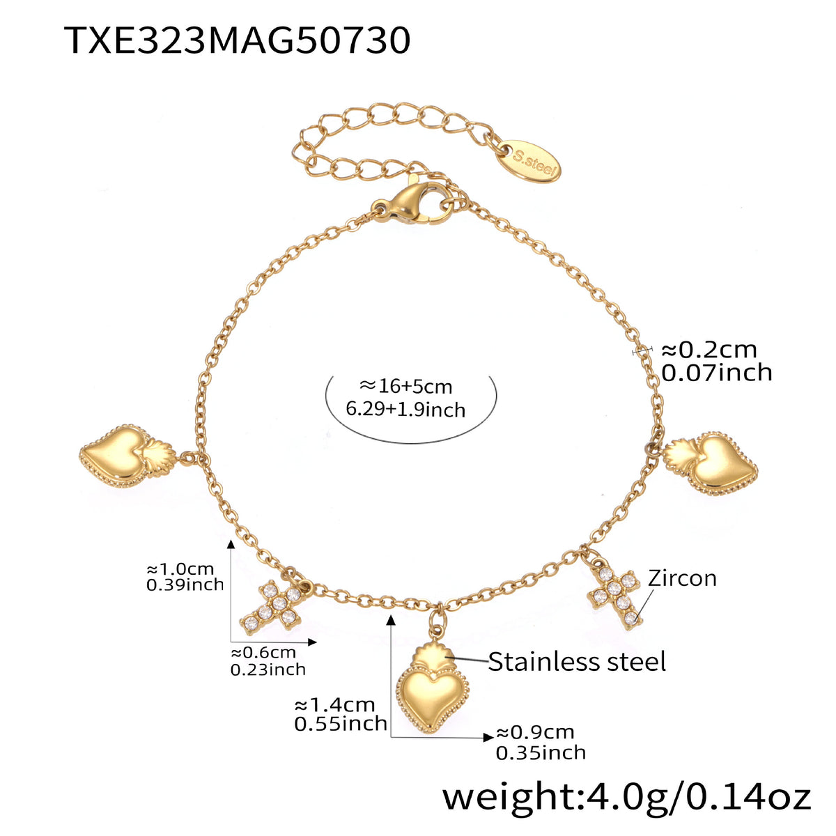 Cubic Zirconia Heart and Cross Charm Jewelry