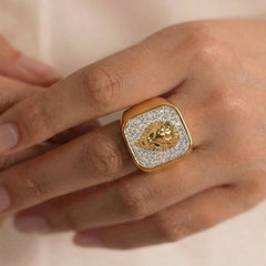 18K Gold-Plated Lion-Motif Cubic Zirconia Signet Ring