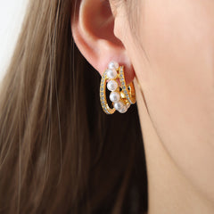 Pearl-Look & Clear Stone Open Hoop Earrings