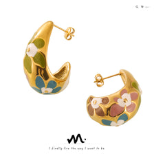 Floral Enamel Rounded Hoop Earrings