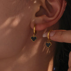 Black Agate Heart Huggie Earrings