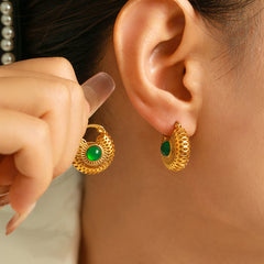 18K Gold-Plated Green Glass Round Earrings