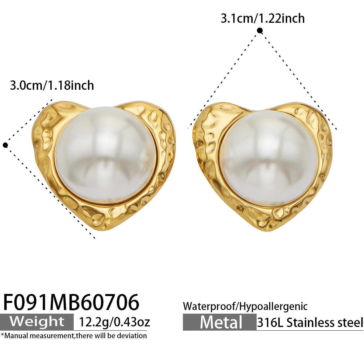 18K Gold-Plated Heart Faux Pearl Stud Earrings