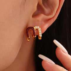 18K Gold-Plated Deep Red Enamel M-Hoop Earrings