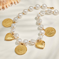Pearl-Look Heart and Coin Charm Necklace