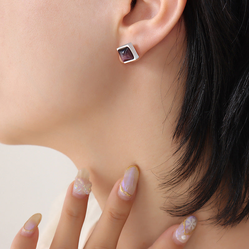 Square Color-Stone Stud Earrings