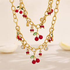 Gold-Tone Enamel Cherry Charm Necklace or Bracelet