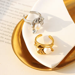 Gold-Tone Sculptural Pearl-Look Open Ring