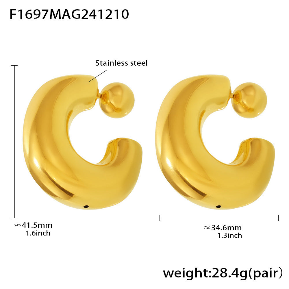 18K Gold-Plated Sculptural C-Hoop and Ball Stud Earrings