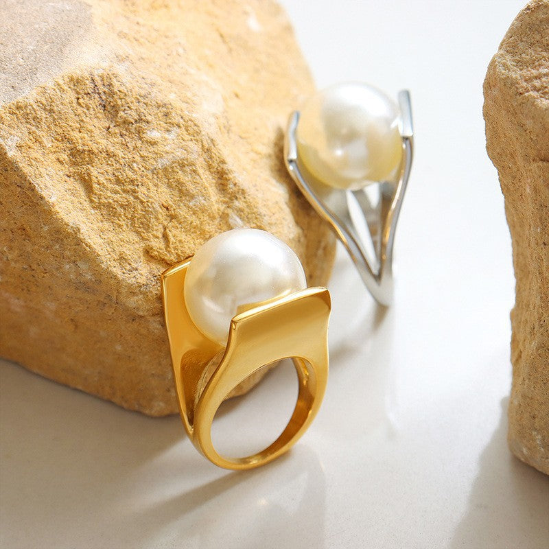 18K Gold-Plated Pearl-Look Sculptural Ring