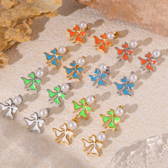 Enamel Flower Pearl-Look Stud Earrings