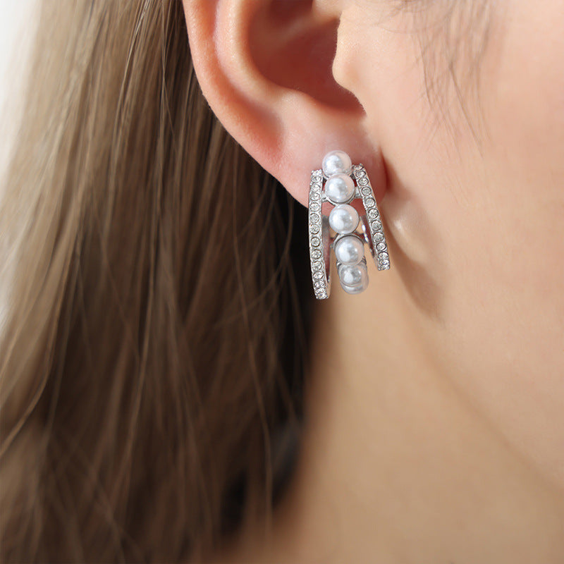 Pearl-Look & Clear Stone Open Hoop Earrings