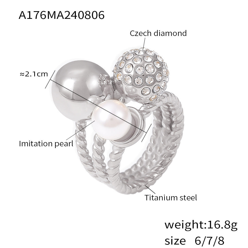 18K Gold-Plated Pearl-Look and Sparkling Bead Ring