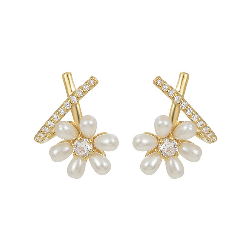Nicolette Vintage-Inspired Pearl Pavé Floral Stud Earrings