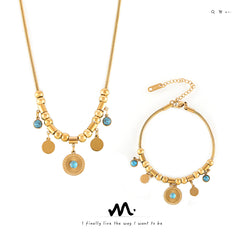 18K Gold-Plated Blue Stone Disc Charm Necklace & Bracelet