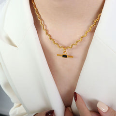 Wavy Chain & Glass Stone Toggle Necklace