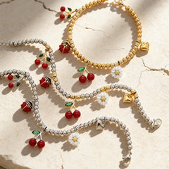 Cherry and Daisy Beaded Charm Bracelet
