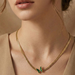 Gold-Tone Green Butterfly Pendant Chain Necklace