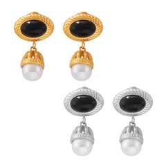18K Gold-Plated Black Agate Pearl-Look Drop Earrings